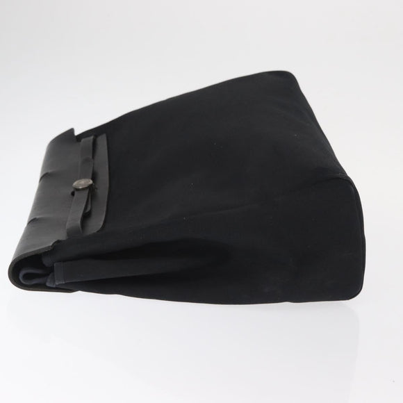 HERMES Herbag MM Handtasche Canvas Leder Schwarz Silber Auth gh1501