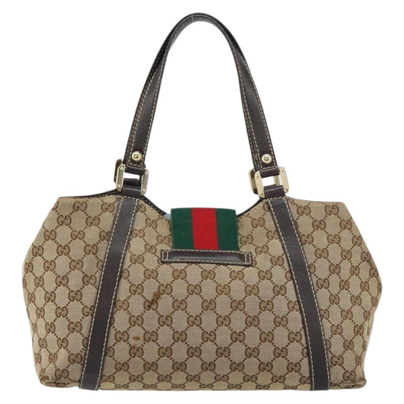 GUCCI GG Canvas Web Sherry Line Tote Bag Beige Gold 211937 Auth gh1522
