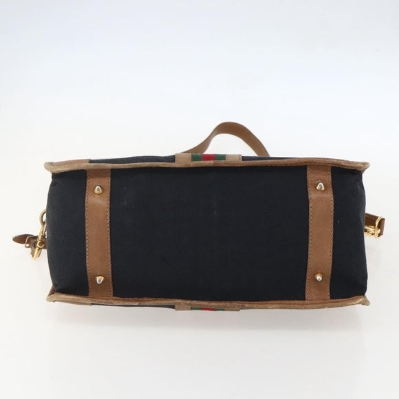 GUCCI Web Sherry Line GG Canvas Hand Bag 2way Black Gold Auth gh1528