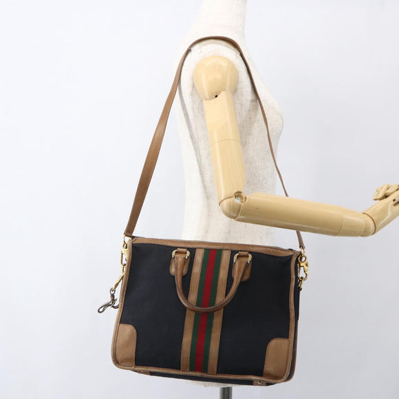 GUCCI Web Sherry Line GG Canvas Hand Bag 2way Black Gold Auth gh1528