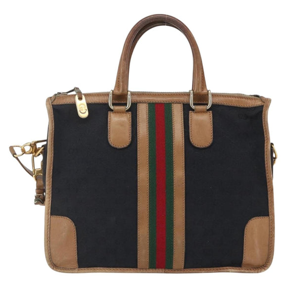 GUCCI Web Sherry Line GG Canvas Hand Bag 2way Black Gold Auth gh1528
