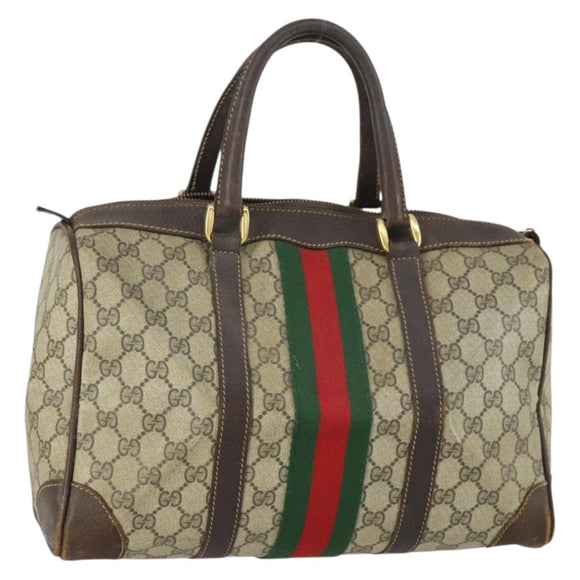 GUCCI GG Supreme Web Sherry Line Boston Bag PVC Beige Gold Auth gh1531