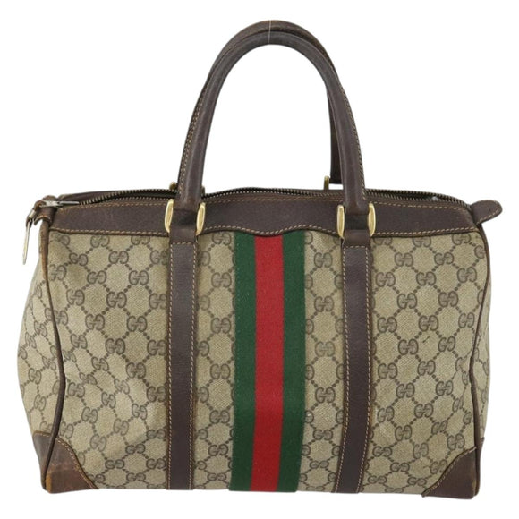 GUCCI GG Supreme Web Sherry Line Boston Bag PVC Beige Gold Auth gh1531