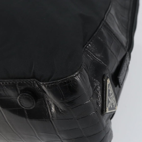 PRADA Tote Bag Nylon Black Silver Auth gh1539