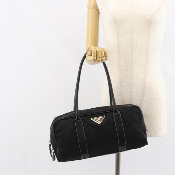 PRADA Tote Bag Nylon Black Silver Auth gh1545