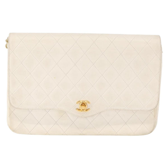 CHANEL Matelasse 25 Chain Shoulder Bag Leather White Gold CC Auth gh1552