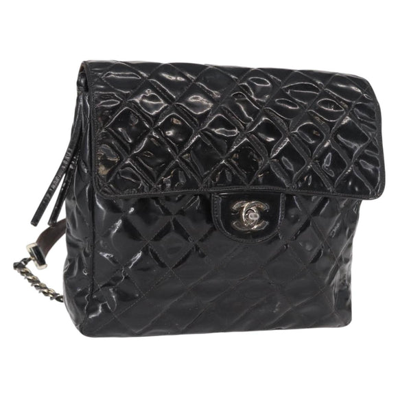 CHANEL Matelasse 25 Chain Backpack Enamel Black Silver CC Auth gh1554