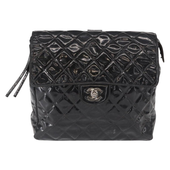 CHANEL Matelasse 25 Chain Backpack Enamel Black Silver CC Auth gh1554