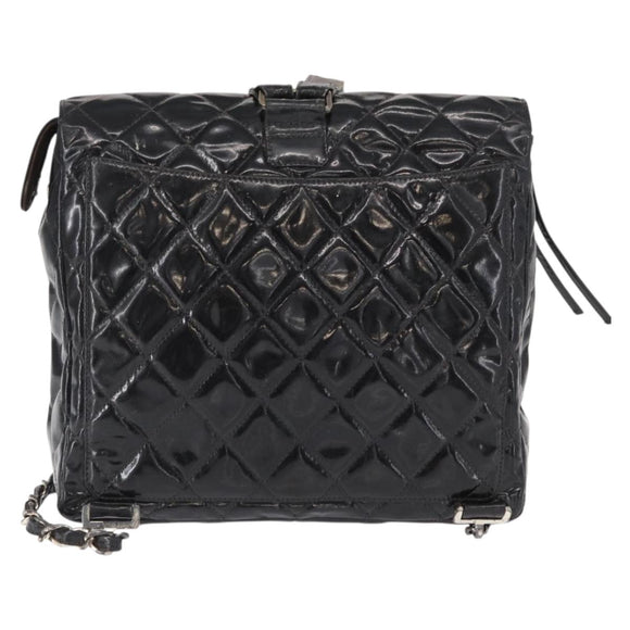 CHANEL Matelasse 25 Chain Backpack Enamel Black Silver CC Auth gh1554