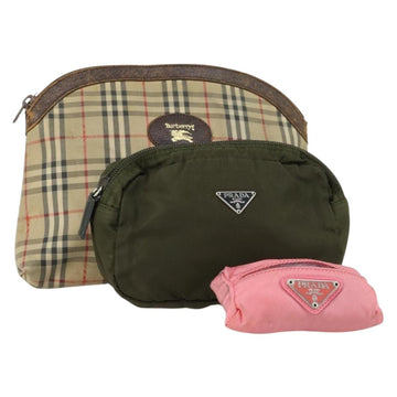 Burberrys PRADA Nova Check Pouch Nylon Canvas 3 Set Pink Brown beige Auth gh1623