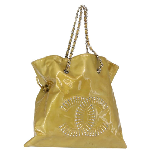 CHANEL COCO Mark Chain Tote Bag Patent leather Yellow Silver CC Auth gh1643