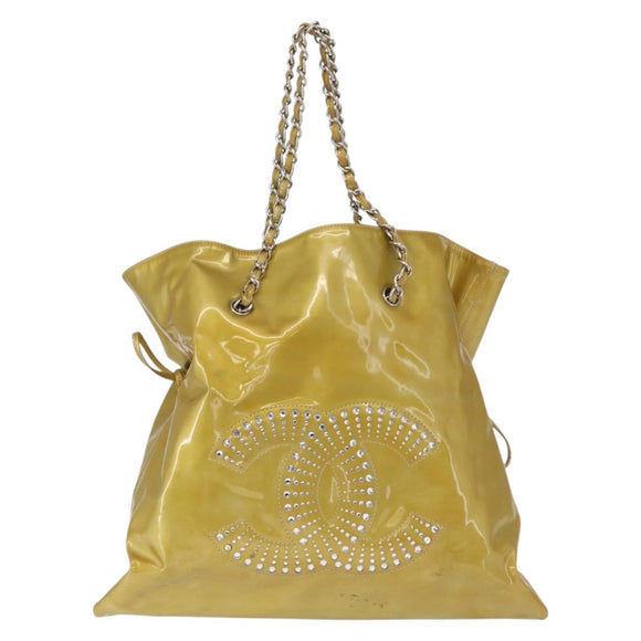 CHANEL COCO Mark Chain Tote Bag Patent leather Yellow Silver CC Auth gh1643