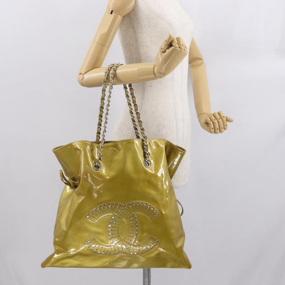 CHANEL COCO Mark Chain Tote Bag Patent leather Yellow Silver CC Auth gh1643