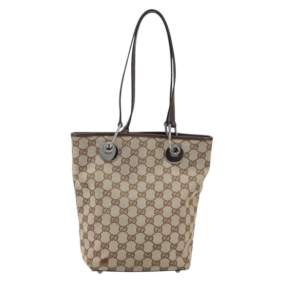 GUCCI GG Canvas Tote Bag Beige Silver 120840 Auth gh1653