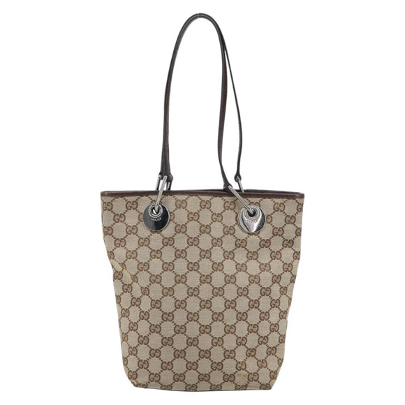 GUCCI GG Canvas Tote Bag Beige Silver 120840 Auth gh1653