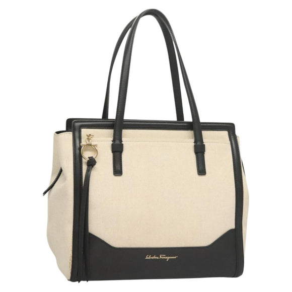 Salvatore Ferragamo Gancini Amy Tote Bag Canvas Beige Black gold Auth gh166