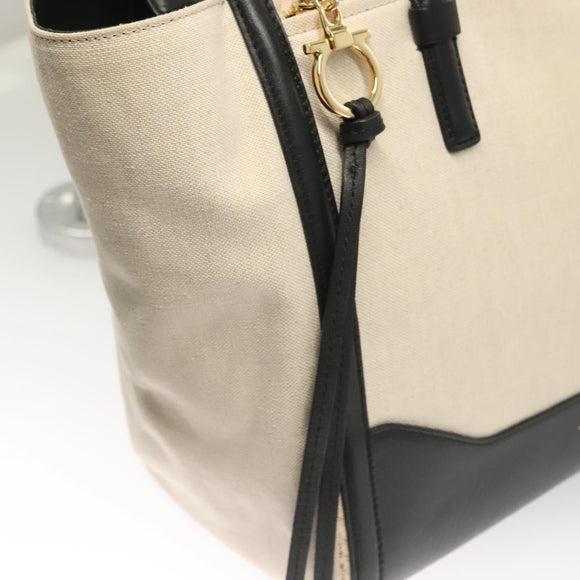 Salvatore Ferragamo Gancini Amy Tote Bag Canvas Beige Black gold Auth gh166