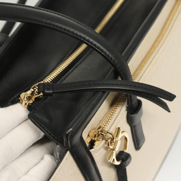 Salvatore Ferragamo Gancini Amy Tote Bag Canvas Beige Black gold Auth gh166