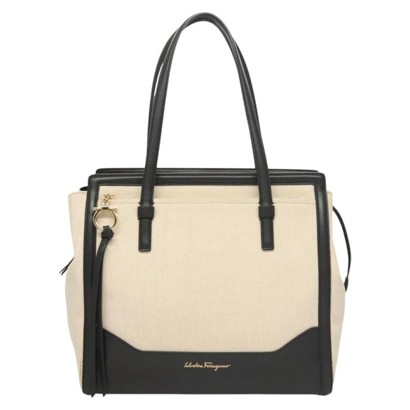 Salvatore Ferragamo Gancini Amy Tote Bag Canvas Beige Black gold Auth gh166