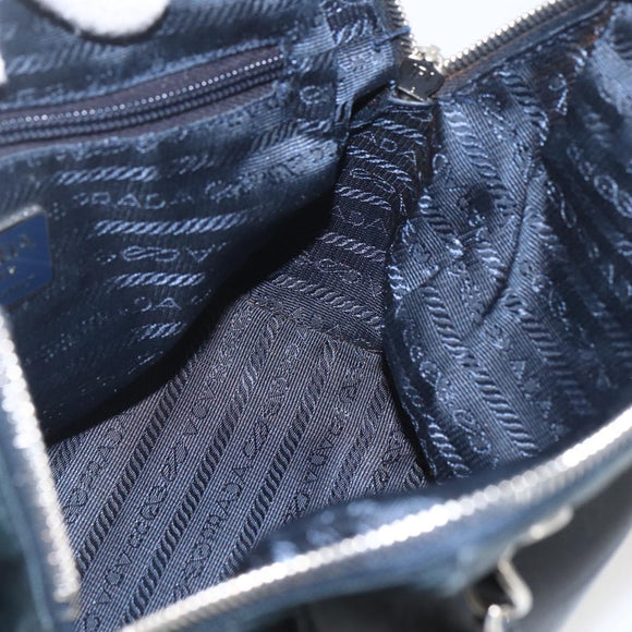 PRADA Chain Shoulder Bag Leather Navy Silver Auth gh1663