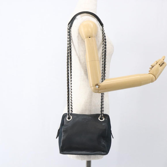 PRADA Chain Shoulder Bag Leather Navy Silver Auth gh1663