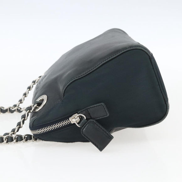 PRADA Chain Shoulder Bag Leather Navy Silver Auth gh1663