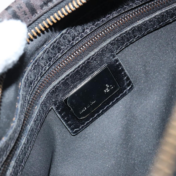 FENDI Zucchino Canvas Shoulder Bag Dark Brown Silver Auth gh1664