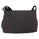 FENDI Zucchino Canvas Shoulder Bag Dark Brown Silver Auth gh1664-13
