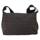 FENDI Zucchino Canvas Shoulder Bag Dark Brown Silver Auth gh1664-2