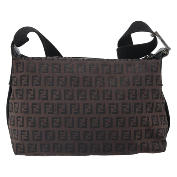 FENDI Zucchino Canvas Shoulder Bag Dark Brown Silver Auth gh1664