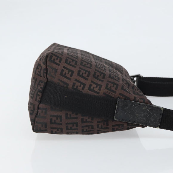 FENDI Zucchino Canvas Shoulder Bag Dark Brown Silver Auth gh1664