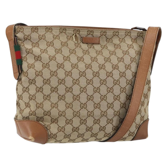 GUCCI GG Canvas Web Sherry Line Shoulder Bag Beige Gold 337598 Auth gh1670