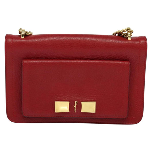 Salvatore Ferragamo Vala Chain Shoulder Bag Leather Red Gold Auth gh168