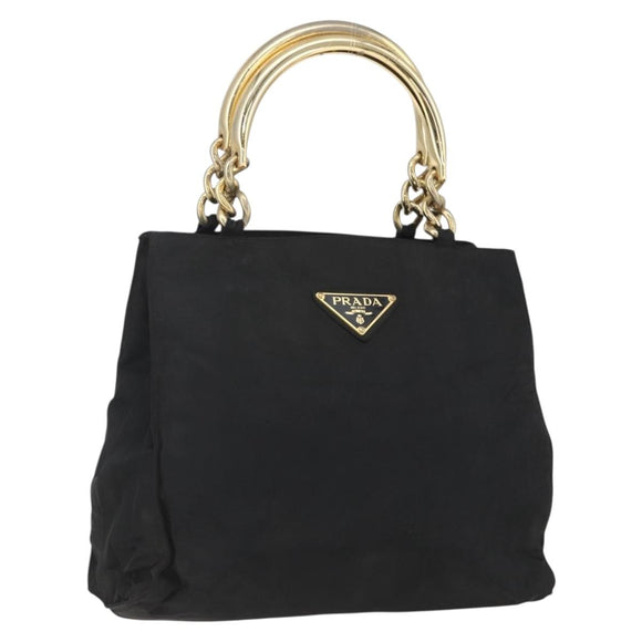 PRADA Chain Hand Bag Nylon Black Gold Auth gh1687