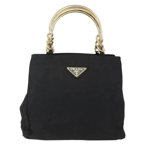 PRADA Chain Hand Bag Nylon Black Gold Auth gh1687