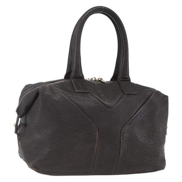 SAINT LAURENT Easy Boston Bag Leather Dark Brown Gold Auth gh1693