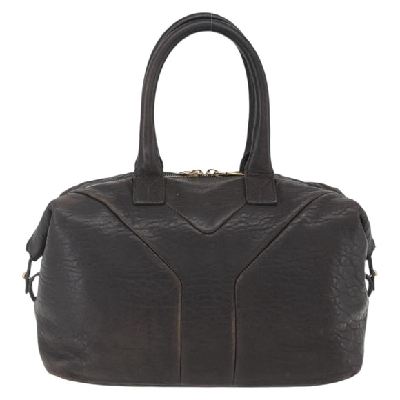SAINT LAURENT Easy Boston Bag Leather Dark Brown Gold Auth gh1693