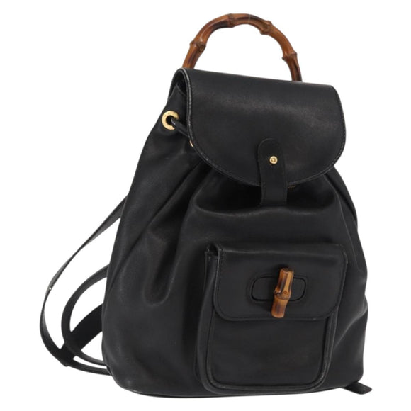 GUCCI Bamboo Backpack Leather Black Gold 003 2058 0030 Auth gh1708