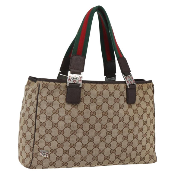 GUCCI GG Canvas Web Sherry Line Tote Bag Beige Silver 145758 Auth gh1731