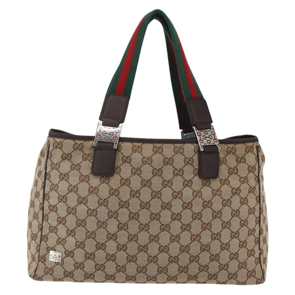 GUCCI GG Canvas Web Sherry Line Tote Bag Beige Silver 145758 Auth gh1731