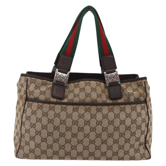 GUCCI GG Canvas Web Sherry Line Tote Bag Beige Silver 145758 Auth gh1731