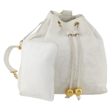 CHANEL Backpack Leather White Gold CC Auth gh1739