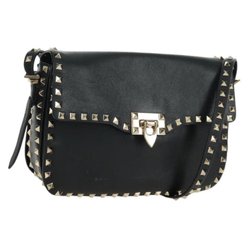 VALENTINO Rock Studs Shoulder Bag Leather Black Gold Auth gh1750V