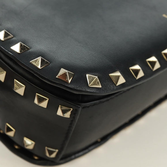 VALENTINO Rock Studs Shoulder Bag Leather Black Gold Auth gh1750V