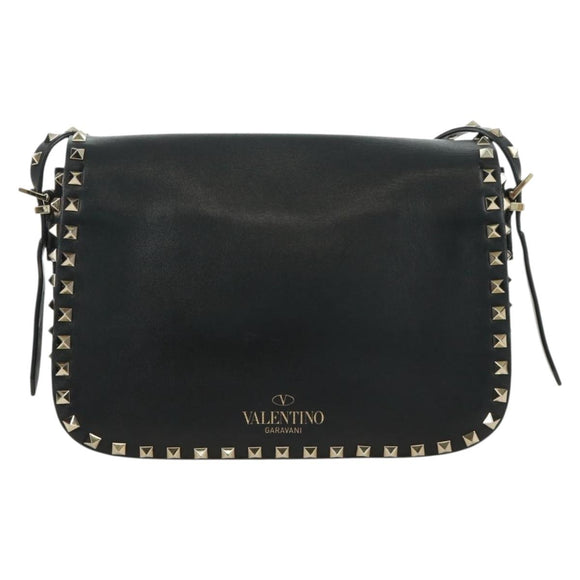 VALENTINO Rock Studs Shoulder Bag Leather Black Gold Auth gh1750V
