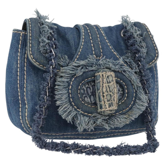PRADA Schultertasche Kette Denim Blau Silber Auth gh1755V