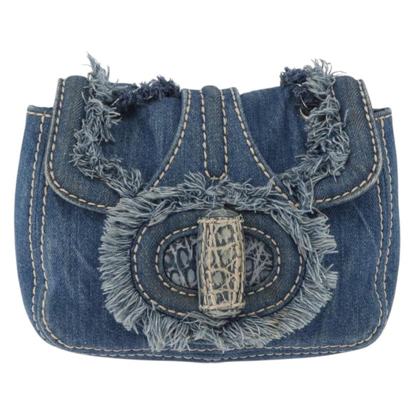 PRADA Schultertasche Kette Denim Blau Silber Auth gh1755V