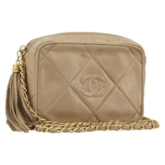 CHANEL Matelasse Chain Shoulder Bag Lamb Skin Beige Gold CC Auth gh1759