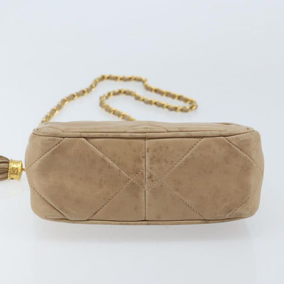 CHANEL Matelasse Chain Shoulder Bag Lamb Skin Beige Gold CC Auth gh1759