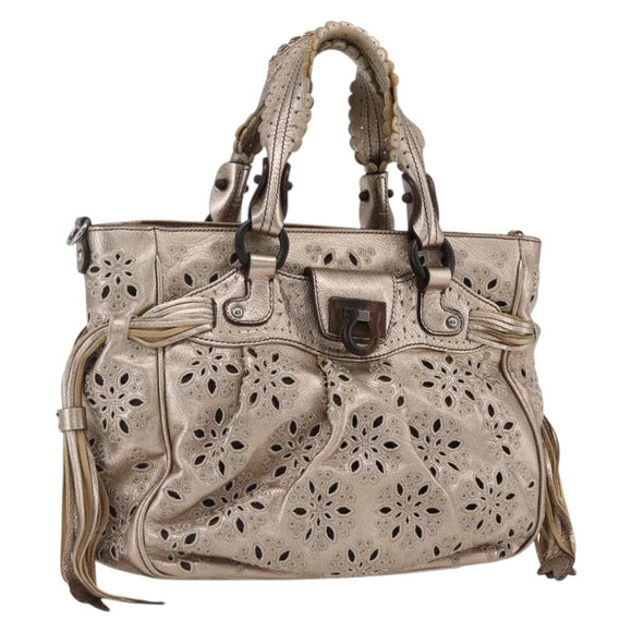 Salvatore Ferragamo Gancini Handtasche Leder Champagner Gold Silber Auth gh1771